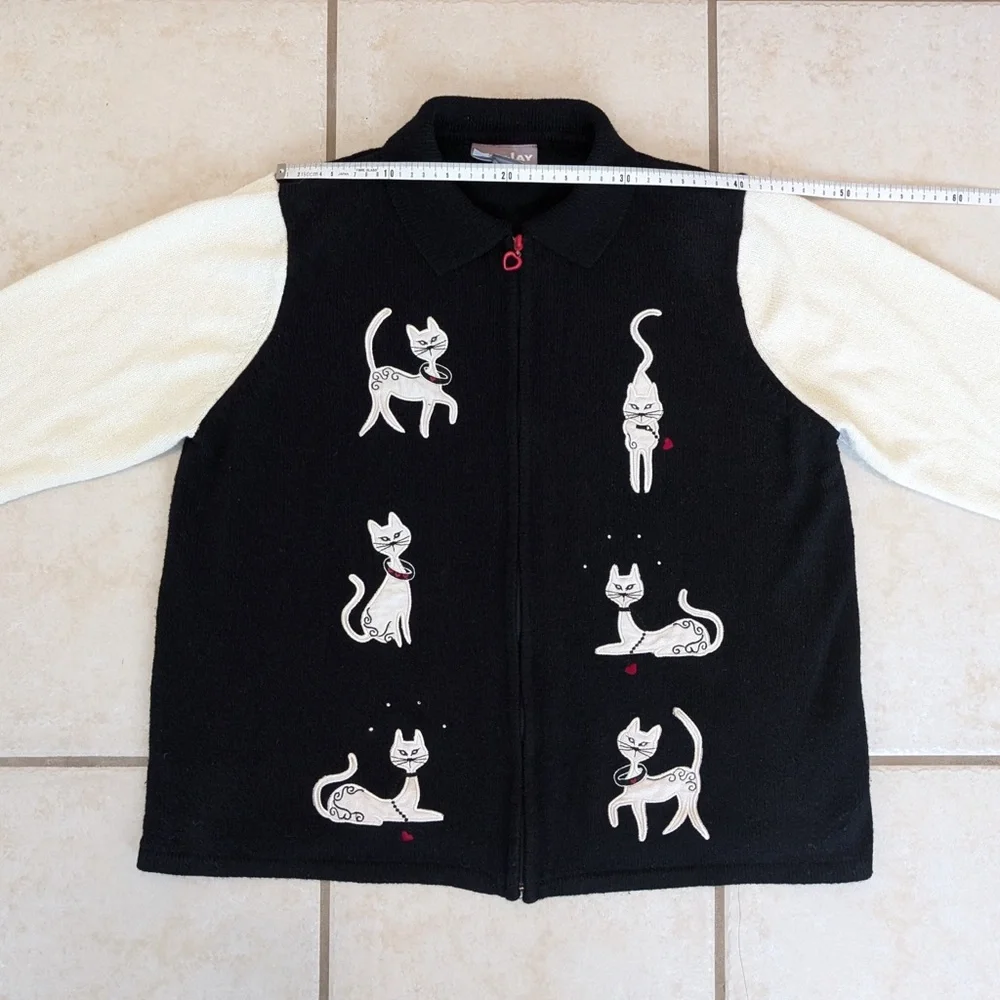 90s Vintage Tanjay Cat Grandma Sweater Size XL Heart Shaped Zipper Black & White - Picture 5 of 16